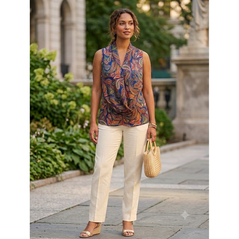 Lauren Ralph Lauren Blouse Women 12 Blue Paisley Excellent Cowl Neck Sleeveless